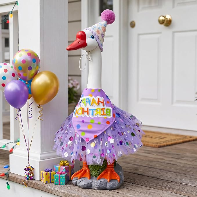 Large Porch Goose Outfits Set Decor - 20" Porch Goose Statue with Birthday Costume Gift for Mom Girl Boy ,Indoor or Outdoor Decorative Figurine for Garden Patio Lawn Entryway Accent,Housewarming Gifts