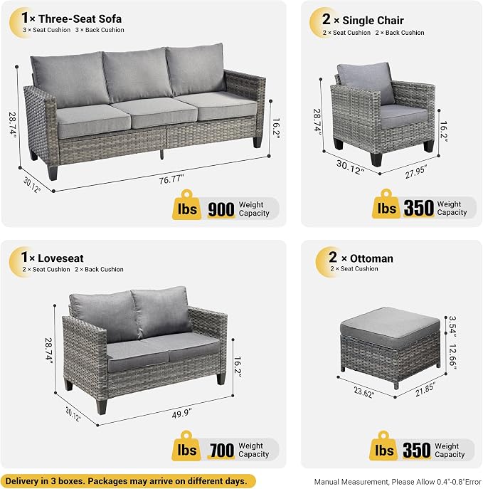 ovios 6 Pieces Patio Furniture Set, Outdoor Wicker Rattan Sofa Couch with Loveseat, Chairs, Comfy Cushions, Conversation Sets for Porch Deck Garden, Dark Grey