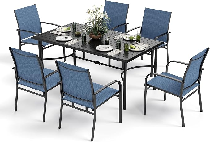 MIXPATIO 7-Piece Outdoor Dining Set 6 Blue Textilene Chairs and Steel Rectangle Table with 1.97” Umbrella Hole for Deck Garden Backyard Lawn Poolside