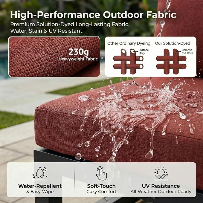 RADIATA 8 People Large Luxury Aluminum Patio Conversation Set with Fire Pit Table Propane/Gas, 29" Deep Wide U Shaped Sectional Couch, 500 lbs Heavy Duty All Weather Outdoor Sofa for Front Yard, Red