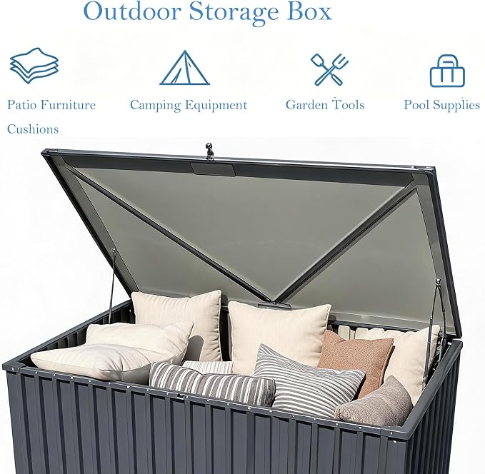 Garvee Outdoor Storage Box, 180 Gallon Waterproof Metal Storage Box, Outdoor Deck Boxes, UV Resistant Patio Storage Box with Lockable Lid for Patio Furniture Cushions, Pillows, Garden Tools, Blank
