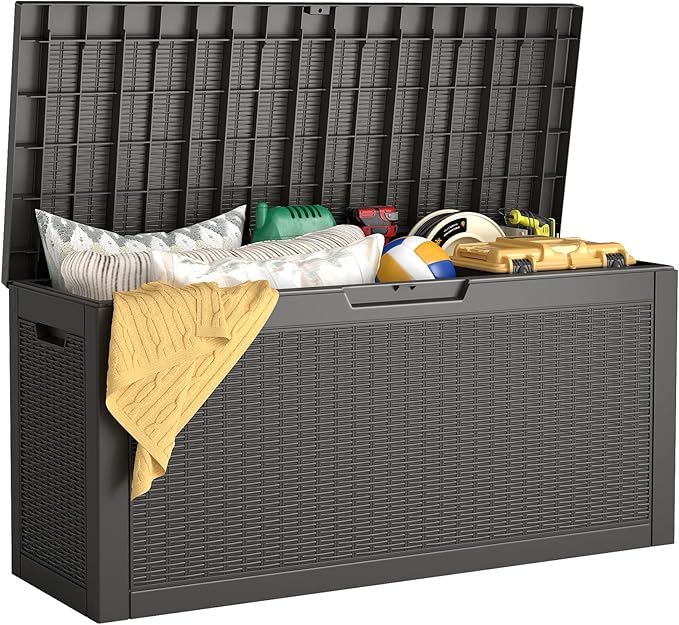 66 Gallon Outdoor Deck Box - Lockable Waterproof Storage Container, Resin Weatherproof Box for Patio Garden Furniture Pool Tools Cushions, Black