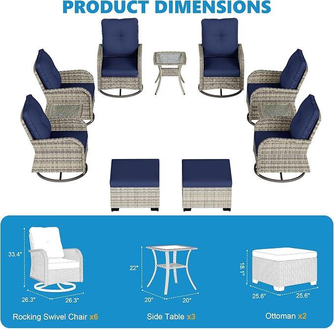 11-Piece Small Patio Furniture Set, Outdoor Swivel Rocking Chairs Set with Ottomans, Patio Bistro Set for Balcony, Deck, Porch, Navy Blue
