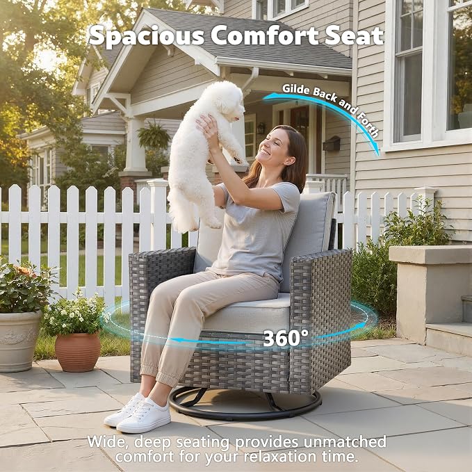 CAODOC 7-Piece Outdoor Wicker Patio Set with 7 Seats, Including 53" Fire Pit - Swivel Rocker Chairs and Conversation Set for Backyard or Lawn, Gray Rattan with Waterproof Gray Cushions