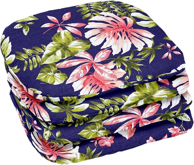 BrylaneHome Bh Outdoor Performance Set of 4 Stacking Chair Pads - Navy Tropical Leaves