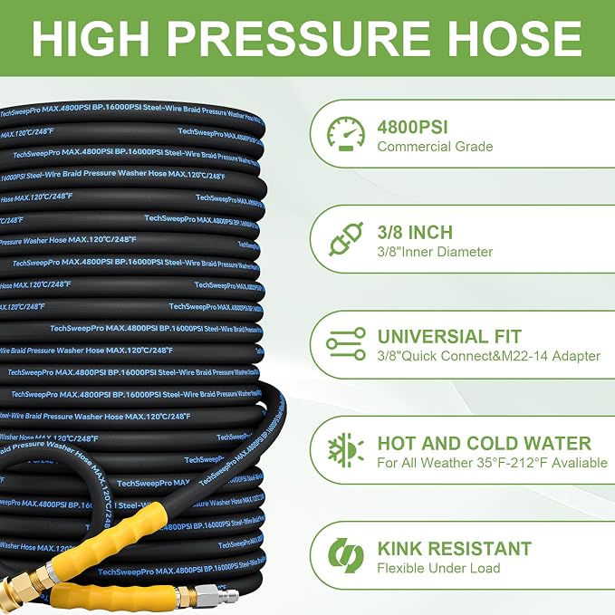 3/8" 4800PSI Pressure Washer Hose 25ft for Cold and hot Water Max 248°F with 3/8" Quick Connect Kink Resistant Steel Wire Braided Power Washer Hose with M22 14mm Adapter，Blue