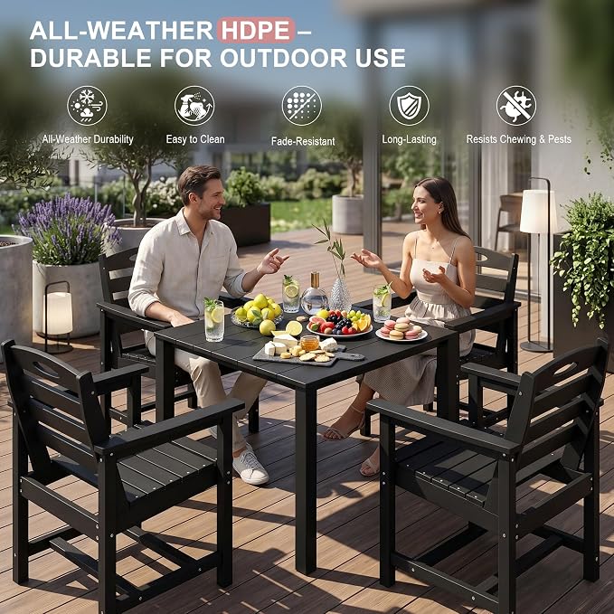 Domi HDPE Outdoor Dining Set, All-Weather Outdoor Dining Table Set of 5 with 2" Umbrella Hole, Outdoor Patio Dining Set for Garden, Poolside, Backyard, Deck, Black