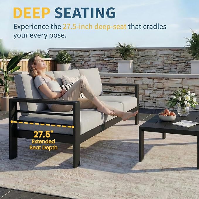 Solaste Aluminum Patio Furniture Set for All Weather, Oversized Metal Outdoor Furniture Set with 27.5" Deep Seating and Wide Armrest, Outdoor 3 Seat Sofa with 10" Back Suport Cushion，Black and Gray