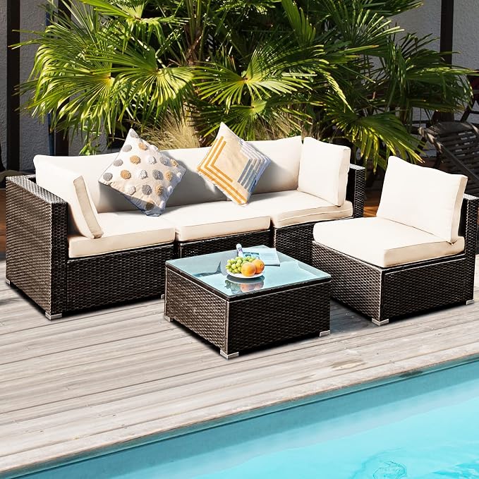 HAPPYGRILL 5 Pieces Patio Furniture Set Outdoor Rattan Wicker Sofa Set with Coffee Table Sectional Sofa Conversation Set with Pillows Cushions for Backyard Porch Garden Poolside