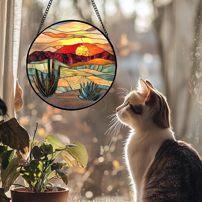 DASTOLL Stained Glass Window Hanging, Desert Scenery Lake Suncatcher for Doors Window Home Tan Tree Sun Catchers Decoration Mother's Day Birthday Gifts for Women, Men, and Mom 6.3 in