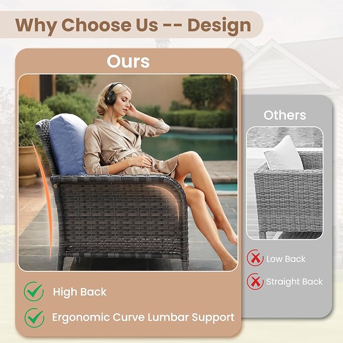 HOOOWOOO Patio Furniture Set,4 Pieces Outdoor Conversation Set,All Weather Wicker Loveseat Sofa Set with High Back Chairs Table,Denim Blue