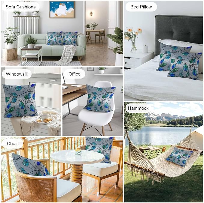 Glass Leaves Outdoor Waterproof Pillow Covers Set of 2, Abstract Blue Green Ombre Leaf Glass Splicing Pillowcase Decorative Throw Cushion Cases for Patio Garden Couch 24 x 24 Inches