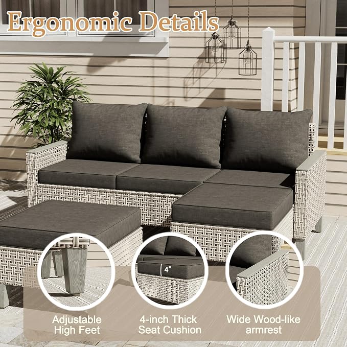 7 Pieces Patio Furniture Set with Ottomans, Modern Outdoor Sectional Sofa with Comfy Cushions, Modular Wicker Rattan Patio Conversation Set for Garden Poolside Deck, Black
