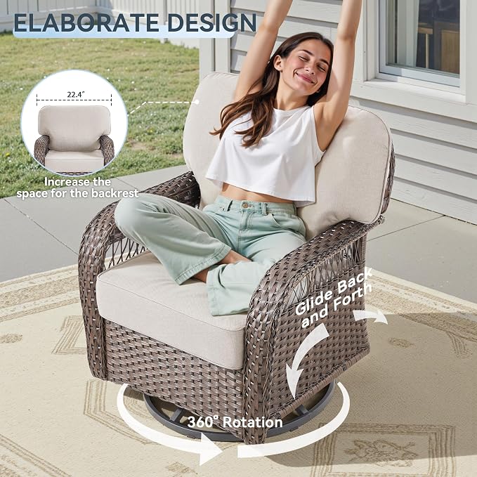 Patio Furniture Sets, 6 PCS Wicker Outdoor Furniture with Patio Sidetables - Patio Swivel Rocking Chairs and Rattan Side Table for Garden, Porch, Backyard, Beige/Brown Wicker
