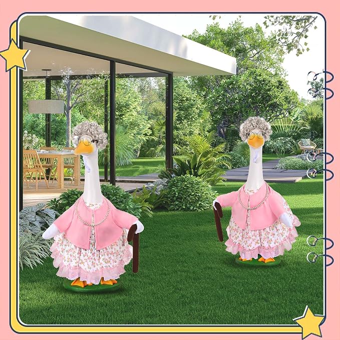 JcHrmers Old Lady Goose Outfits Porch Goose Clothes Fits 23" Cement Plastic Goose Statue Grandma Goose Outfit with Wig Glasses Pearl Necklace for School Outdoor Garden Lawn Yard Patio Art Decor