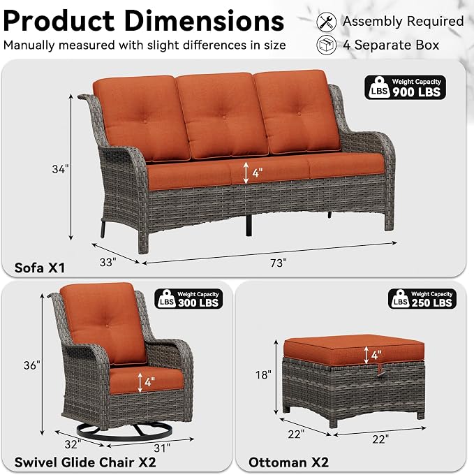 5 Piece Outdoor Wicker Patio Furniture Set, Outdoor Swivel Rocker Patio Chairs Set with Thickened Olefin Cushions, High Back and Deep Seating, Hand-Woven PE Rattan for Porch, Deck