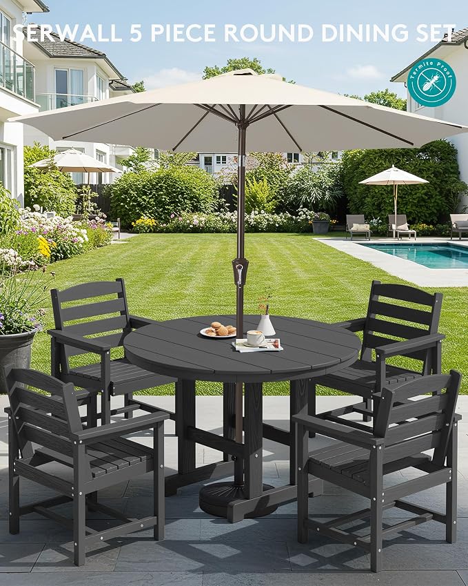 SERWALL 5-Piece Outdoor Round Dining Sets, HDPE Patio Table and Chairs Furniture Set, 45" Round Dining Table and 4 Dining Chairs, Black