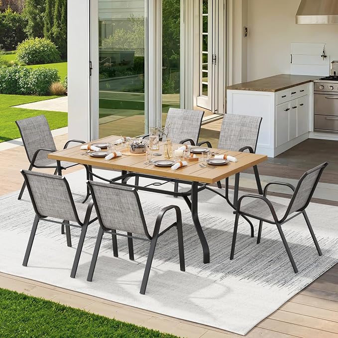 Soohow Outdoor Dining Set for 6, Outdoor Patio Dining Set 6 x Stackable Chairs & 1 x Wood-Like Outdoor Table with Umbrella Hole, All-Weather Patio Table and Chairs for Poolside, Backyard and Porch