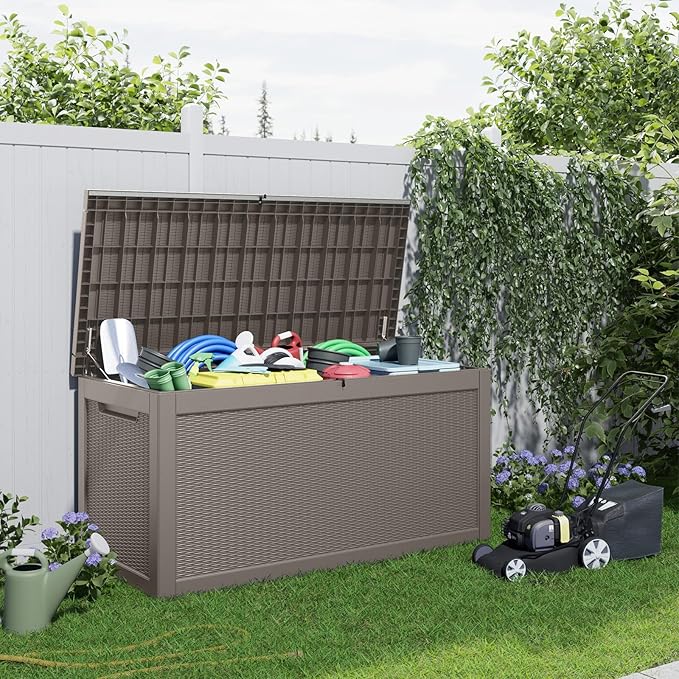 320 Gallon Outdoor Storage Box Waterproof, Resin Lockable Deck Box with Lid, Large Capacity Weatherproof Container for Patio Furniture Pool Accessories, Cushions(Grey, 320 Gallon)