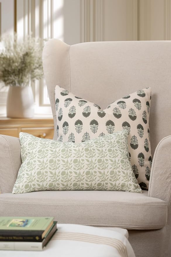 Modern Farmhouse California Casual Indoor Outdoor Throw Pillow Cover, 20"x20" Water Repellent for Patio, Backyard, Couch, Poolside, Earth Tone Olive Green Neutral Block Print Flowers