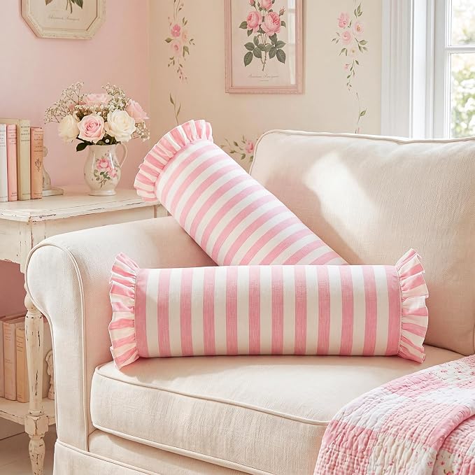 2 Pack Pink Striped Bolster Pillows with Ruffle, 6" x 22" Linen Waterproof Cylindrical Pillow Indoor Outdoor for Bed Sofa Couch, Modern Farmhouse Bedroom Living Room Home Decor