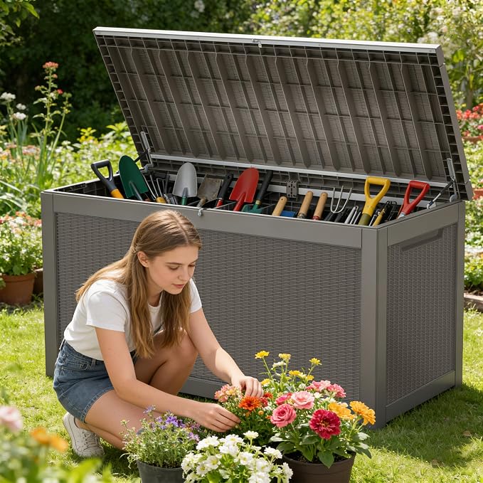 320 Gallon Outdoor Storage Box Resin Deck Box All Weather Waterproof Large Lockable Storage Container Deck Box for Patio Furniture, Garden Tools, Lockable, Gray