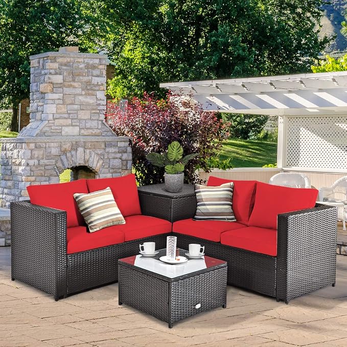 Tangkula 8 Piece Wicker Patio Set with Storage, All Weather-Proof Outdoor Conversation Set, with Loveseat, Glass Top Coffee Table & Storage Box, Suitable for Garden, Poolside, Sunroom (2, Red)
