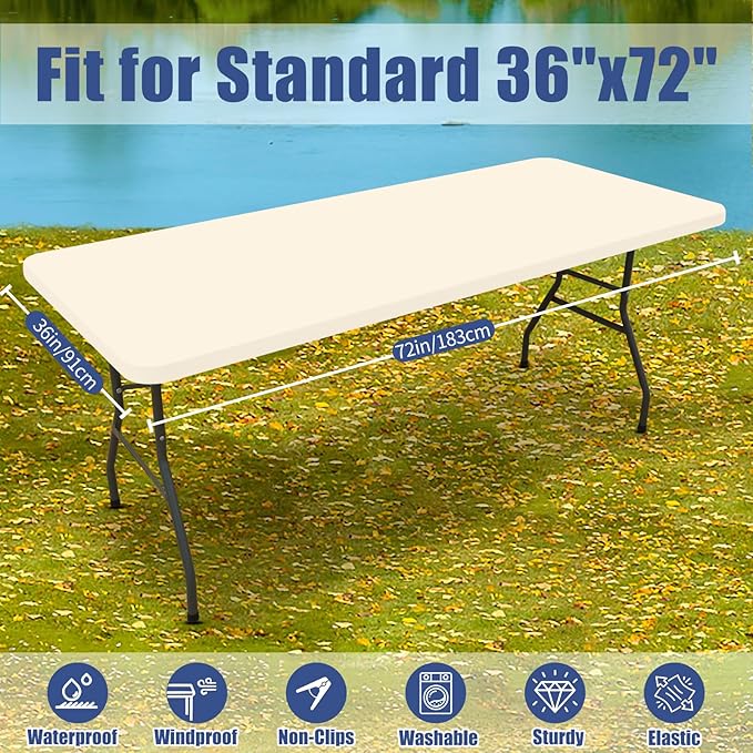 Moosfor Spandex 6 Foot Rectangle Table Cloth 2 Pack, Elastic Fitted Tablecloths for Picnic, Stretch Washable Patio Table Cover for Outdoor, Camping, Banquet and Parties (Champagne, 36"x72")