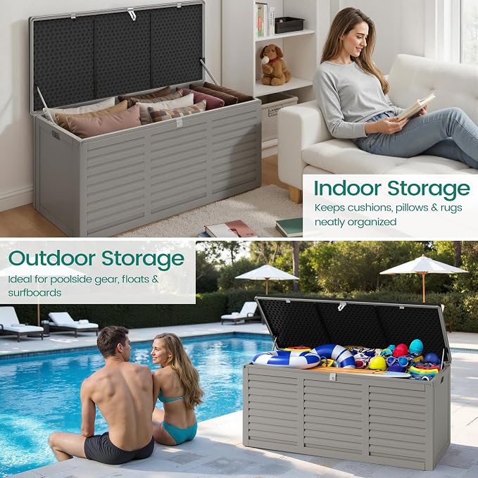 Resin Deck Box 130 Gallon, Lockable & Waterproof Outdoor Storage, UV-Resistant Patio Box for Cushions, Tools, and Outdoor Accessories (Gray)