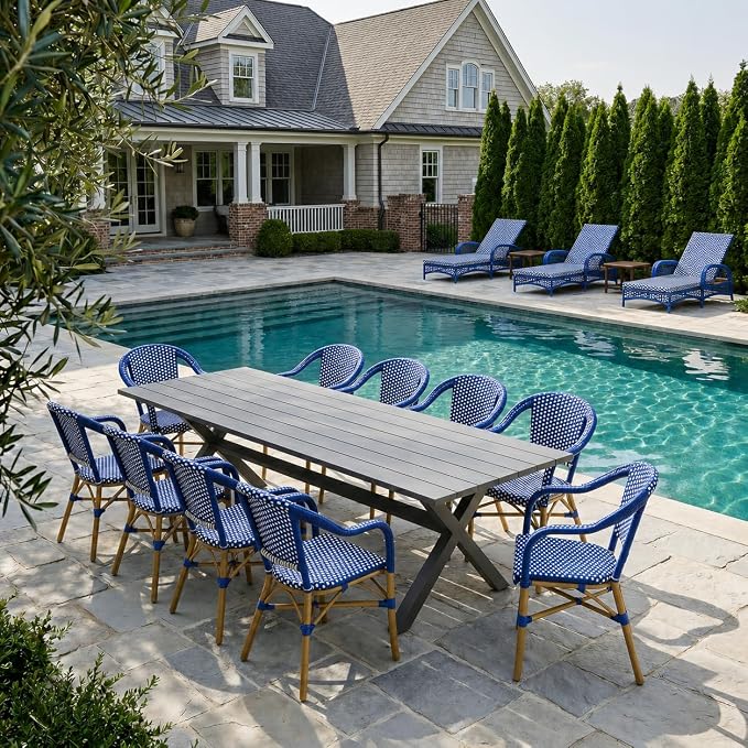 PURPLE LEAF 11 Pieces Patio Dining Set Outdoor Furniture Set with Large Aluminum Rectangular Table and French Bistro Arm Chairs for Garden Backyard Kitchen Set Gray Bamboo Finish Deep Blue
