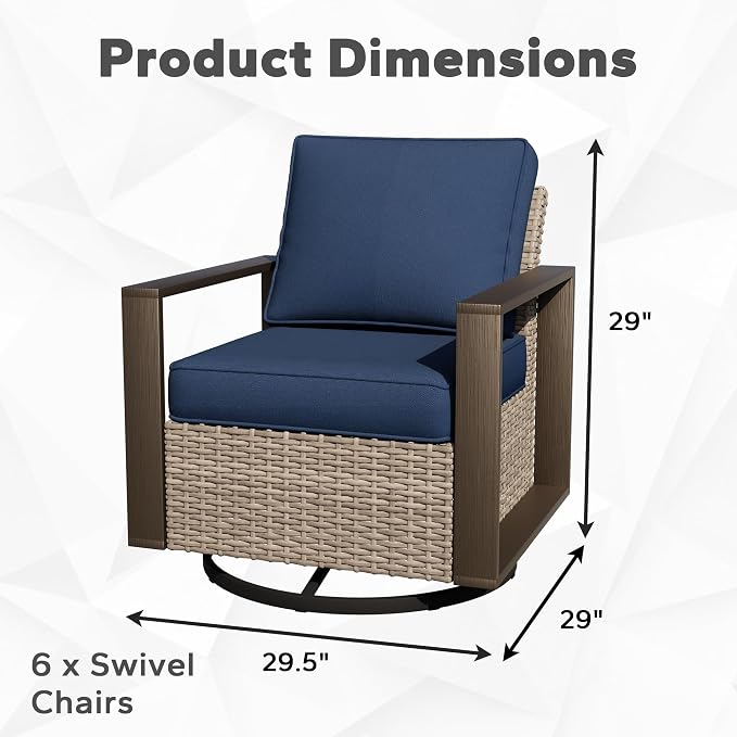 Joyside Outdoor Patio Swivel Rocker Chairs Set, 6 Pieces Wicker Rattan Chairs with Metal Wide Armrest, Thick Cushions and Deep Seating for Garden, Backyard, Porch, Deck