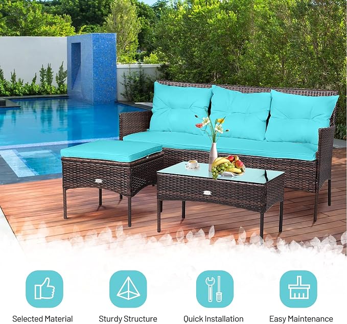 RELAX4LIFE 3 Pieces Patio Furniture Sectional Set, Rattan Wicker Conversation Set W/5 Cozy Seat & Back Cushions, Tempered Glass Coffee Table for Poolside, Backyard Outdoor Furniture (Turquoise)