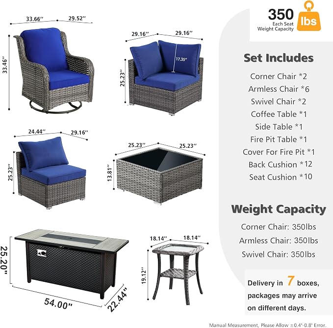HOOOWOOO Outdoor Patio Furniture with Fire Pit Set 13 Pieces Patio Set with Fire Pit Wicker Outdoor Furniture with Fire Pit Table Set Patio Sectional Set with Swivel Chairs,Navy Blue