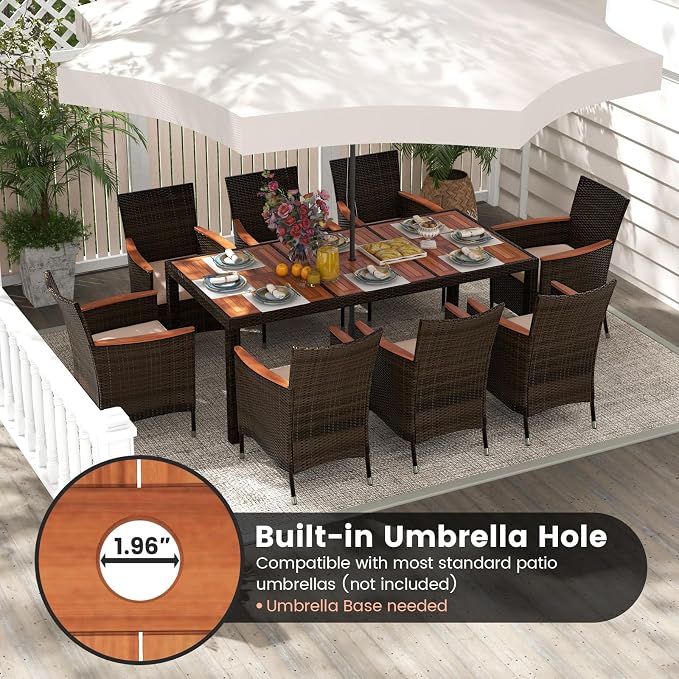 HAPPYGRILL 9 Pieces Patio Dining Set, Outdoor Rattan Wicker Dining Set with Cushions, Patio Dining Furniture Set with Acacia Wood Table Top & Armrest