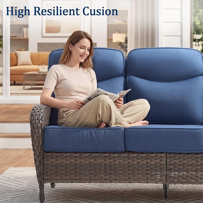 Outdoor Swivel Rocking Chair Patio Set (12pcs) High-Back - Thick Cushion Swivel Rocking Chair Patio with Sofa Set, All-Weather Wicker Patio Furniture Set, Suitable for Balcony Patios, Brown/Blue