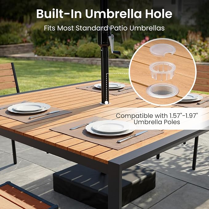 9-Piece Square Outdoor Dining Set, 56" Patio Table and Stackable Chairs | Aluminum Frame Adjustable Umbrella Hole All-Weather Wood Grain Tabletop for Garden, Deck, Backyard, Brown