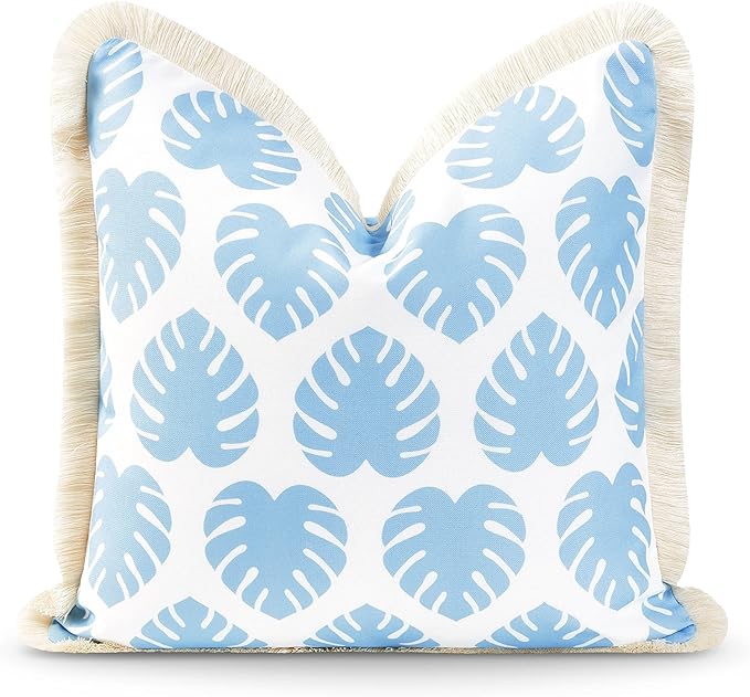 Hofdeco Premium Coastal Hampton Style Patio Indoor Outdoor Pillow Cover Only, 20"x20" Water Resistant for Backyard, Couch, Baby Blue Monstera Leaf Fringe