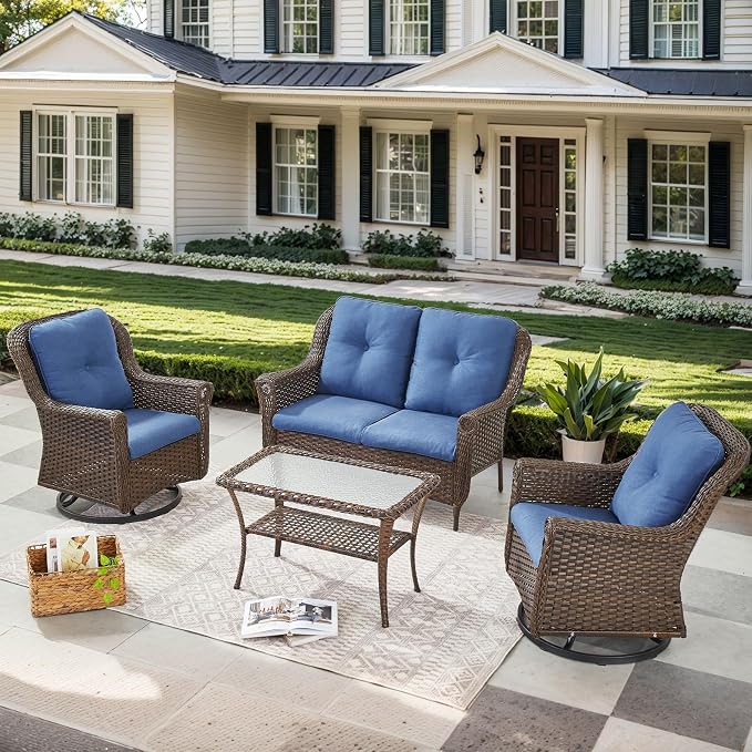4 Pieces Patio Furniture Set-All Weather Wicker Rattan Swivel Patio Chairs Set of 2 with Patio Loveseat Outdoor Furniture for Patio Deck Porch Garden Backyard-Brown/Blue