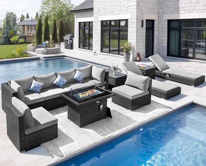 NICESOUL 11-Piece Patio Furniture with Chaise Lounge, Modern Wicker Outdoor Sectional with Fire Pit, Comfortable 29.3'' High-Back Conversation Seating, Heavy Duty All-Weather Couch Set, Light Grey