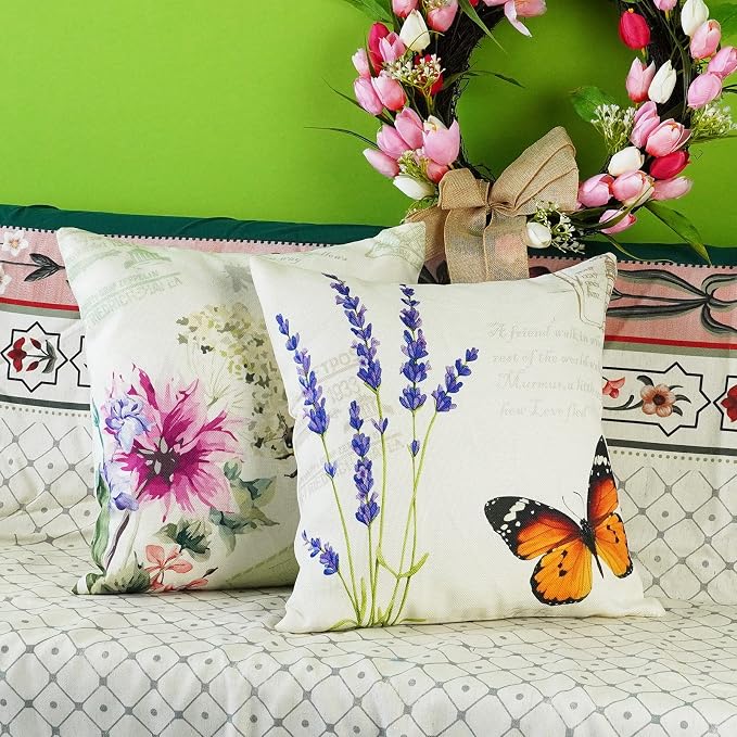 ONWAY Outdoor Garden Decoration Bee/Butterfly/Dragonfly/Ladybug Pillow Case Leaf/Lavender/Flower Decorative Throw Pillow Covers 18 x 18 Inches, Set of 4