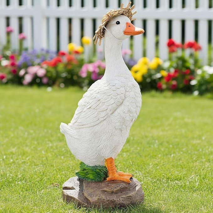 Euronet 12" Garden Porch Goose Statues, Funny Duck Farm Fence Decor, Resin Real Concrete Porch Goose Decor, Outdoor Animal Sculptures & Statues, Perfect for Home Garden Stairs, Farm, Patio, Backyard
