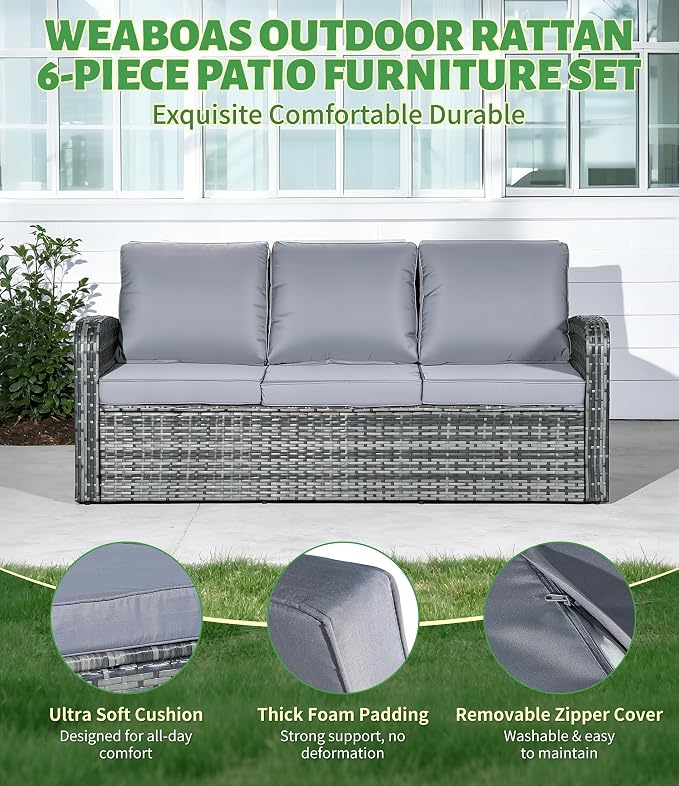 6-Piece Outdoor Patio Furniture Set, Wicker Sofa and Chairs with Cushions & Ottomans, PE Rattan All-Weather Conversation Set with Coffee Table, Comfortable Seating for Backyard, Poolside, Garden Grey