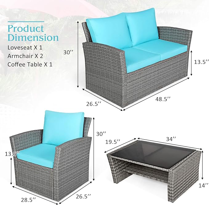 Tangkula 4 Pieces Patio Furniture Set, All Weather Outdoor Sectional Rattan Sofa Set with Cushions & Tempered Glass Table, Wicker Conversation Couch Set for Backyard Garden Poolside (Turquoise)