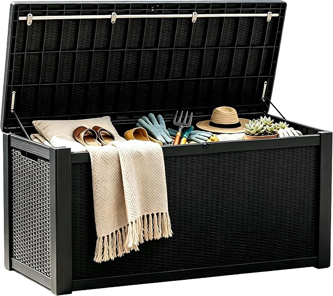 328 Gallon Waterproof Outdoor Storage Box, Heavy Duty Resin Deck Box Lockable, Large Outside Patio Storage Bench for Garden Tools & Pool Accessories, Hydraulic Lift, All-Season UV-Resistant, Black