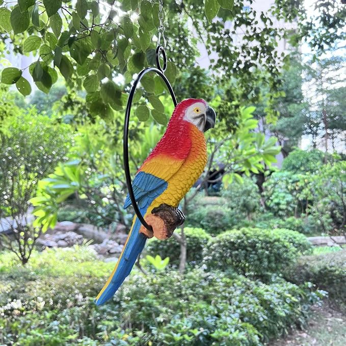 Lifelike Parrot Garden Statues Hanging Decor Ornaments Figurines Sculpture for Patio Lawn Yard, Blue Tail