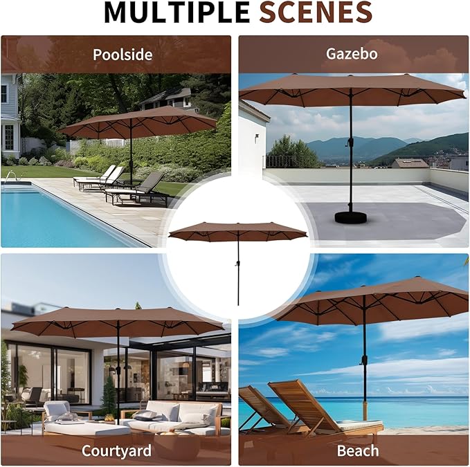 13 ft Patio Umbrella with Base, Large Rectangle Outdoor Umbrella with Matching Stand, Strap, Crank, Coffee