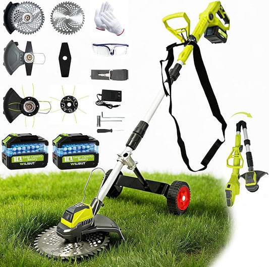 3-in-1 Cordless Weed Wacker with Wheels, 12-Inch Weed Eater Battery Powered Brush Cutter, 2x4.0Ah Batteries, LCD Display, Grass Trimmer Stringless Weed Trimmer Lawn Mower Edger