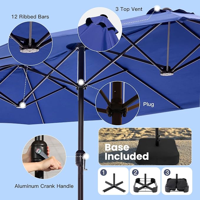 VICLLAX 8 Pieces Patio Dining Set with Blue Umbrella, 6 Stakable Wicker Outdoor Chairs and Patio Rectangular Table with Umbrella Hole for Backyard Lawn Deck, Black Tabletop