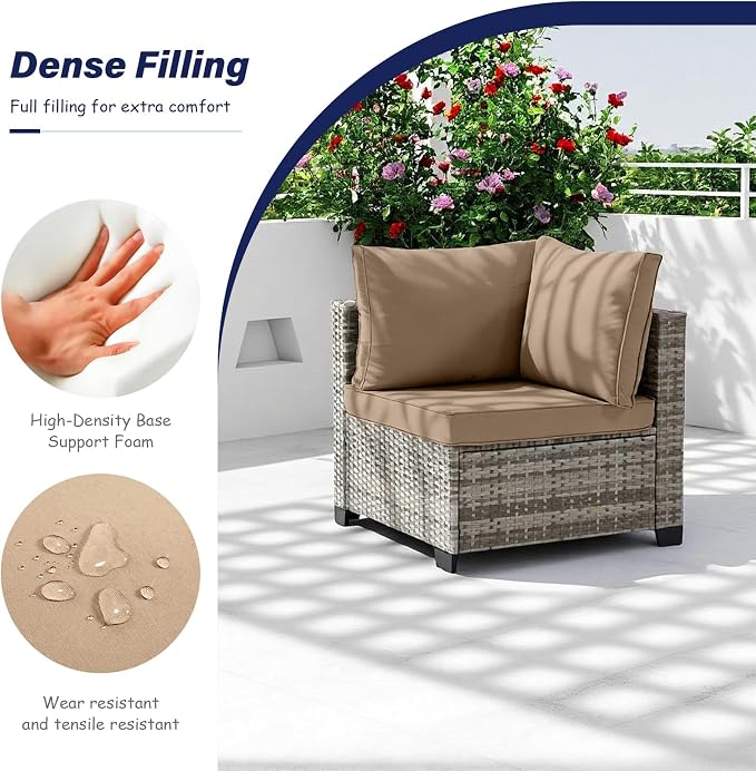 7-Piece Outdoor Patio Furniture Set, Gray PE Rattan Sectional Sofa with Dark Khaki Cushions and Steel Frame, Coffee Table Included, Modular Outdoor Conversation Set for Patio Garden Poolside