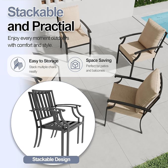 7 Piece Metal Outdoor Patio Furniture Set with 48" Round Propane Fire Pit, Outdoor Dining Table Set with 6 Fixed Chairs and 55000 BTU Outdoor Fire Pit, Sand